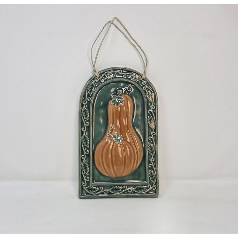Ceramic Gourd Wall Tile Hanging Plaque Fall Harvest Handmade Green 10x6"